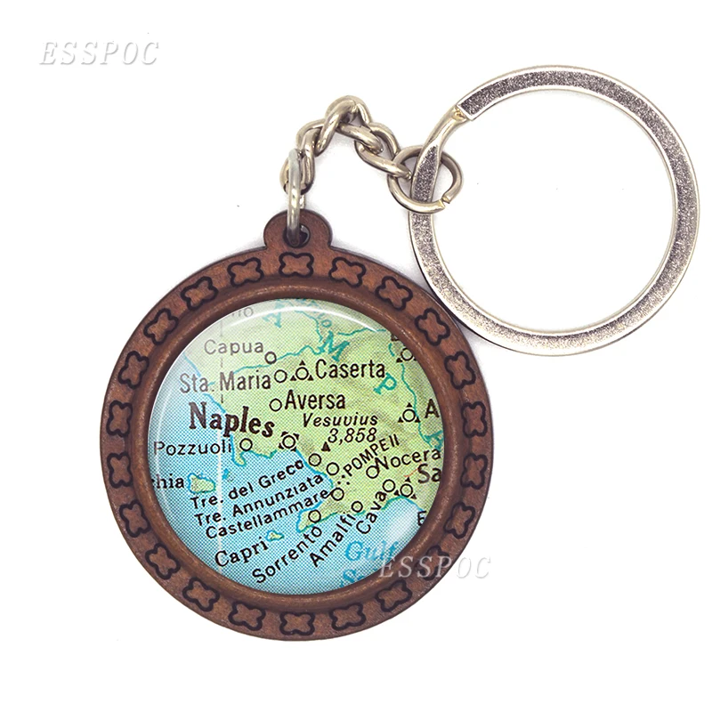 Creative Naples and Italy Vintage Map Pattern Key Ring Wooden Key Chain Glass Convex Dome Unisex