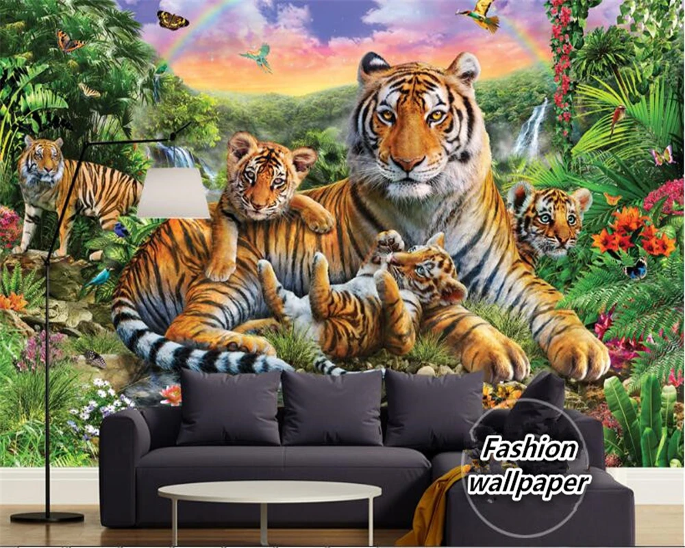 beibehang Custom fashion wallpaper tropical rain forest animal tiger plant forest waterfall butterfly papel de parede wallpaper