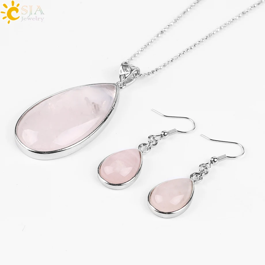 CSJA Women Boho Jewelry Sets Natural Gem Stone Water Drop Necklace Earring Set Lapis Lazuli Opal Pink Quartz Chakra Healing E567