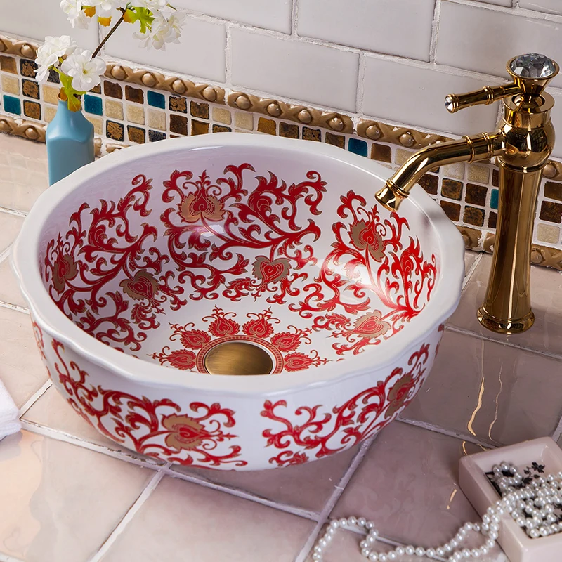 

Colorful China Artistic Handmade porcelain Round bathroom counter top ceramic Bathroom basin sink decorative bathroom basin sink