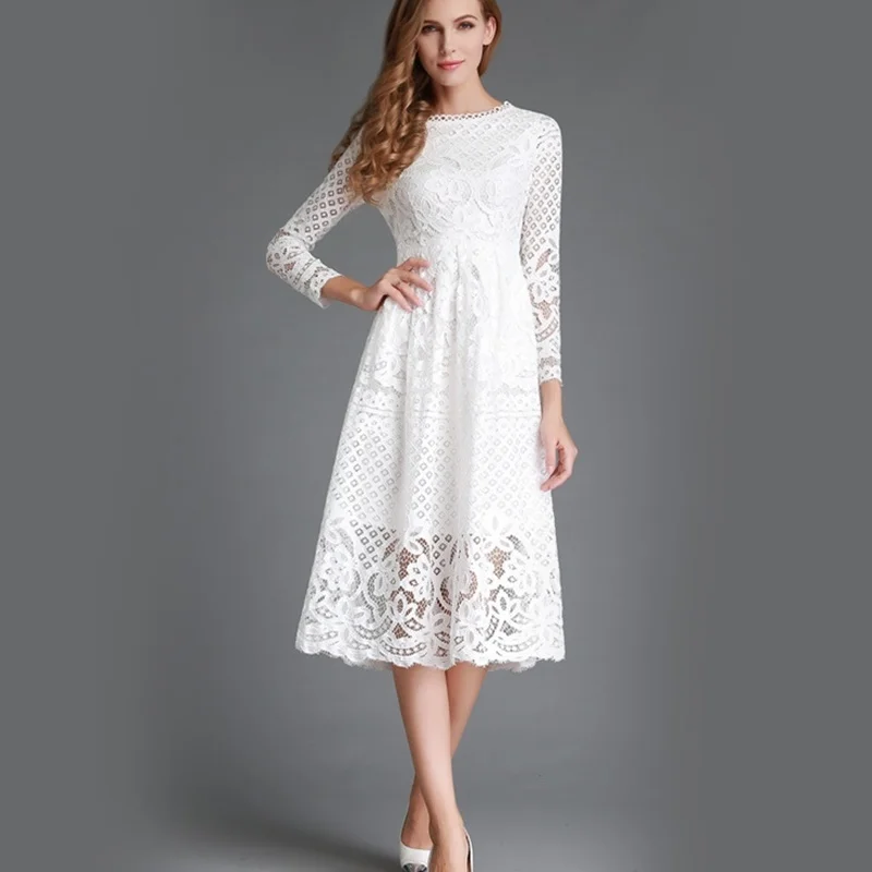 Women Dresses New Arrival 2019 Spring Lace Long Sleeve A Line Dress Mid Long Dinner Dresses For Women Robe Soiree Vestido DD2179