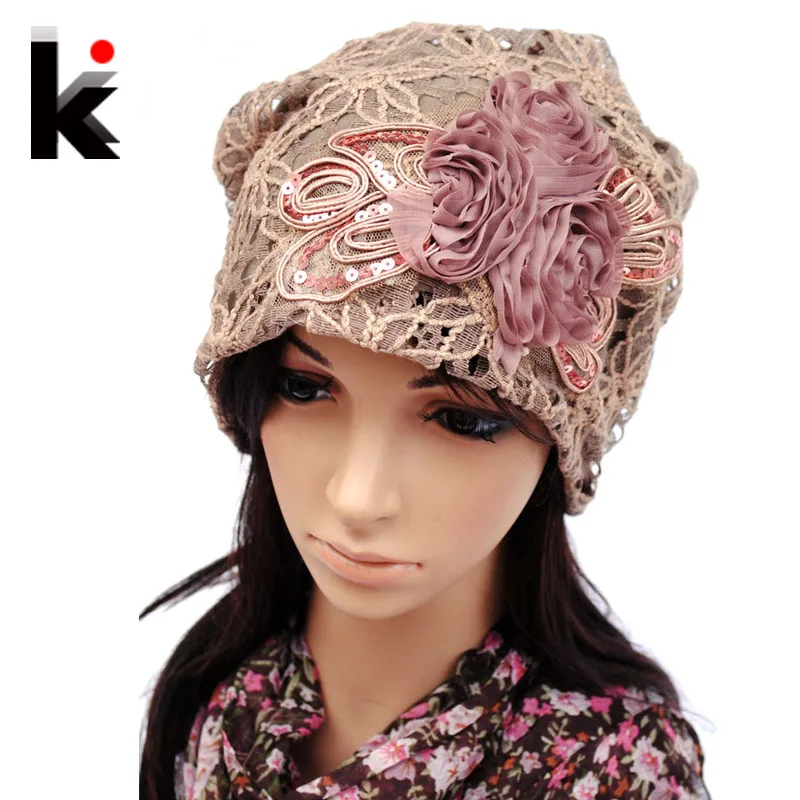 

Women's Beanie Pilecap female spring and autumn lace thin pocket cutout mesh hat month of cap toe cap turban hat covering