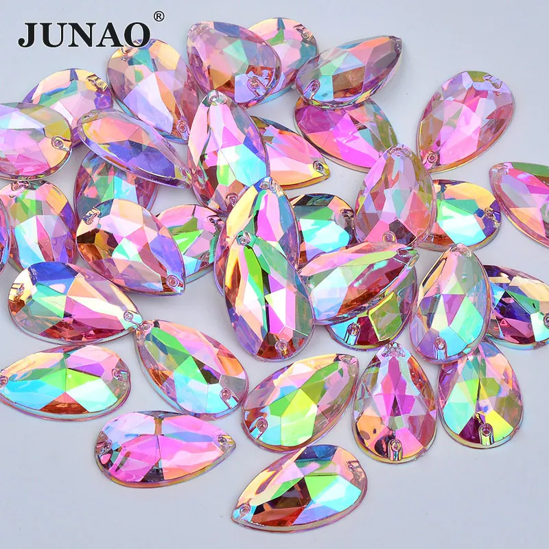 JUNAO 17*28mm 100pcs Sew On Pink AB Crystals Big Teardrop Rhinestone Acrylic Strass Appliques Flatback Stones for DIY Crafts