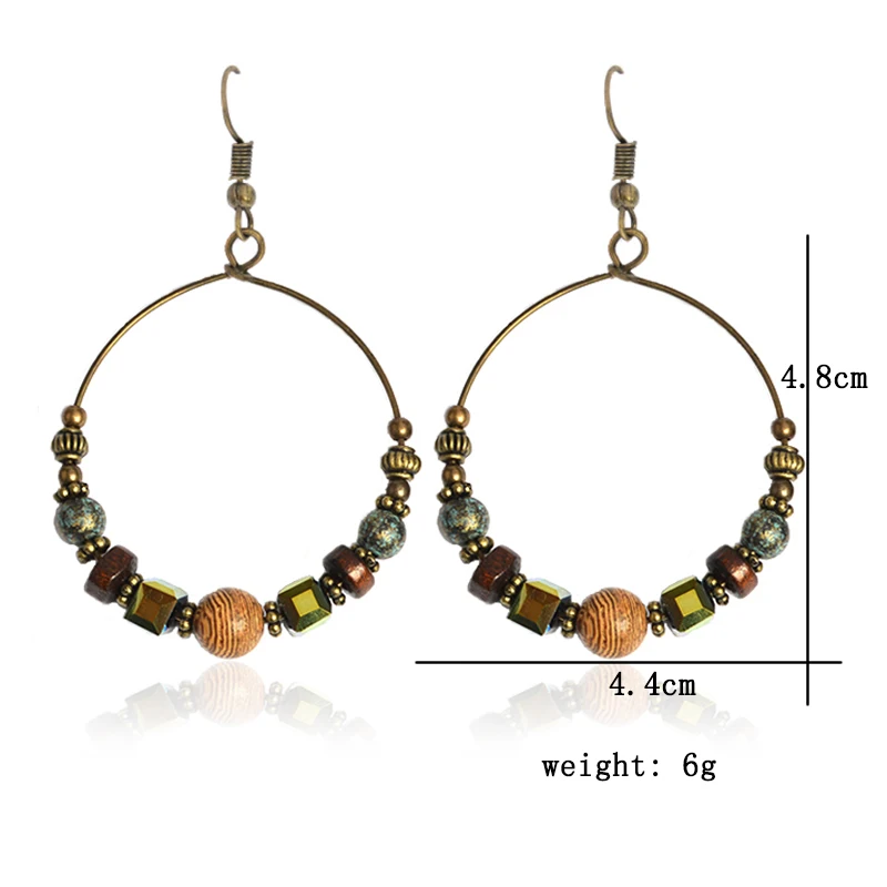 серьги женск Trendy Bohemian National Retro Irregular Circle Round Wooden Little Beads Classic Drop Earrings Holiday Jewelry New