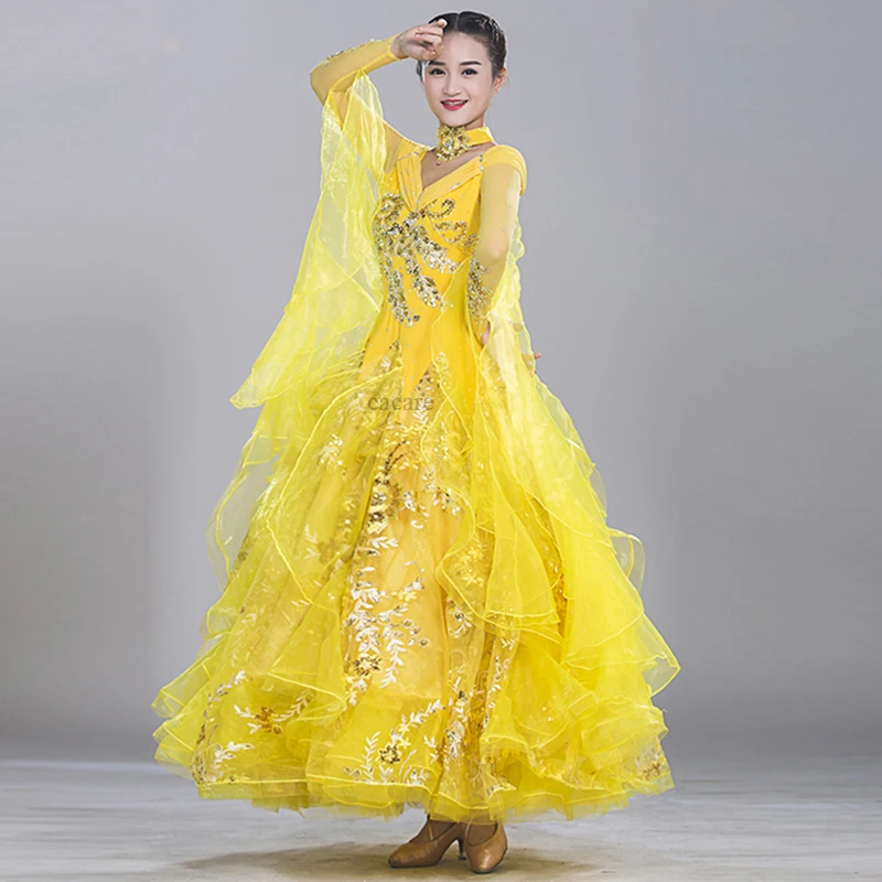 Ballroom Waltz Dresses Dance Competition Dresses Ballroom Dress Standard 6 Colors D0145 Big Sheer Hem Long Sleeve Applique