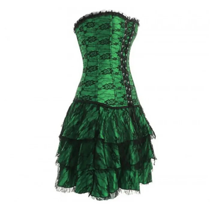 Vocole Women Sexy Green/Red/Purple/Black Gothic Lace Corset and Skirt Outfit Burlesque Corset Dress Night Clubwear Party Gown