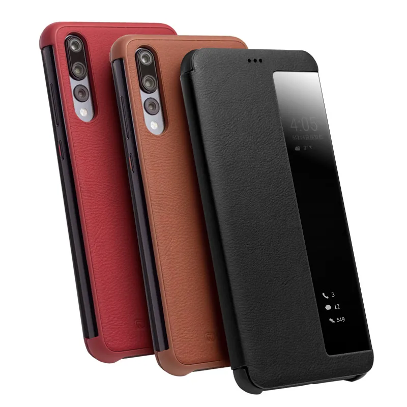QIALINO Genuine Leather Window Flip Case for Huawei Ascend P20 Smart View Sleep Wake Up Function Phone Cover for Huawei P20 Pro