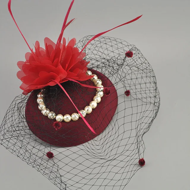 E JUE SHUNG Bridal Net Feather Hats White Red Black Birdcage Net Wedding Hats Bridal Fascinator Face Veils Pearls bride Hats