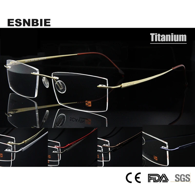 

ESNBIE New Mens Rimless Eyeglasses Frame Titanium Ultralight Memory Square Optical Frame Men 7 Colors available