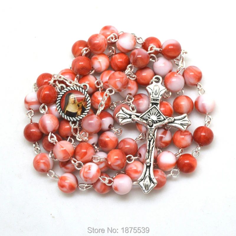 St Rita Red Rosary 8 mm Round Acrylic Bead Christian Catholic Necklace for Women