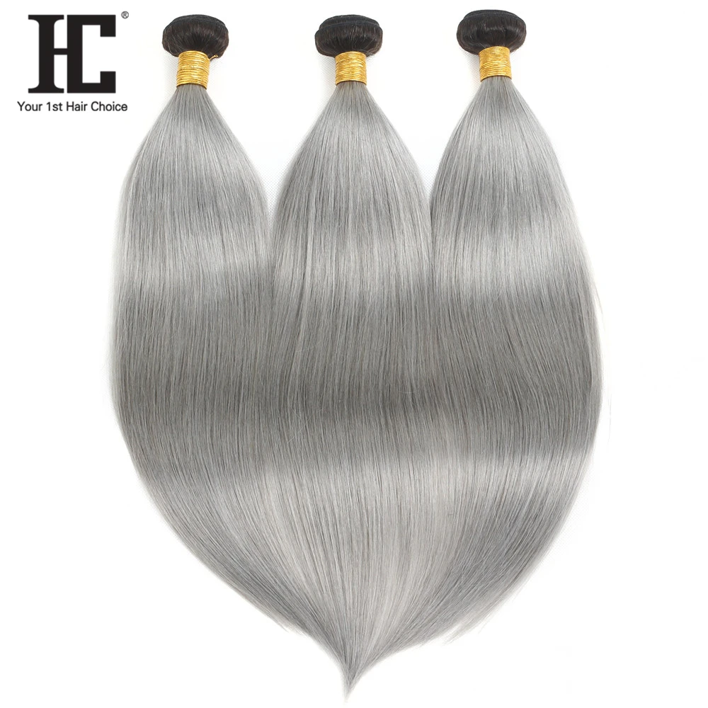 Ombre Hair Bundles With Frontal 1B/Grey Dark Root Brazilian Straight 4 PCS Remy Human Hair Weave Bundles With Lace Frontal