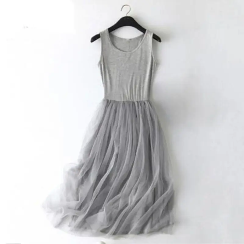 

2021 Spring Sleeveless sling Gauze Lace Dress Women Tunic Basic Long Dresses Summer Modal Mesh gray Sexy Dress