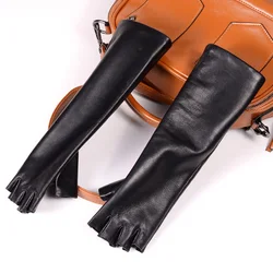 Guantes largos de piel de oveja de piel auténtica para mujer, manopla de fiesta de noche, medio dedo, sin dedos, ópera