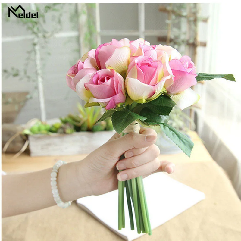 Meldel Bride Wedding Bouquet Bridesmaid Artificial Silk Flower Polyester 11 Heads Rose Bouquet DIY Wedding Supplies Home Decor