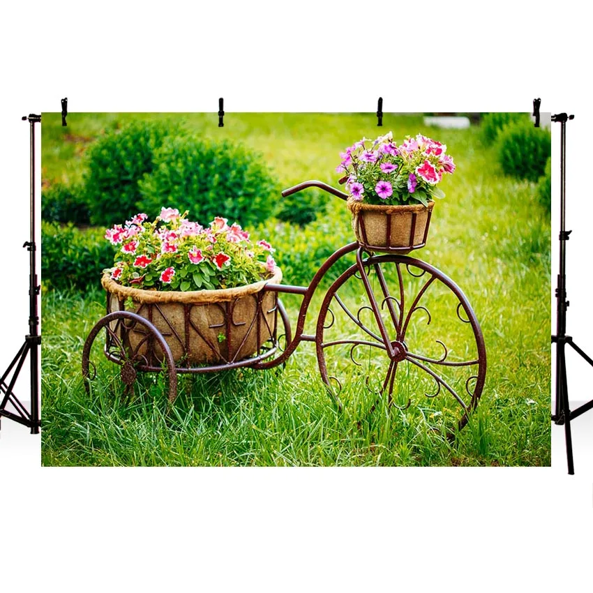 

Photographic Spring Backdrops Green Tree Nature Bicycle Flower Pot Background Photography Photocall Photophone for Photo Shoots