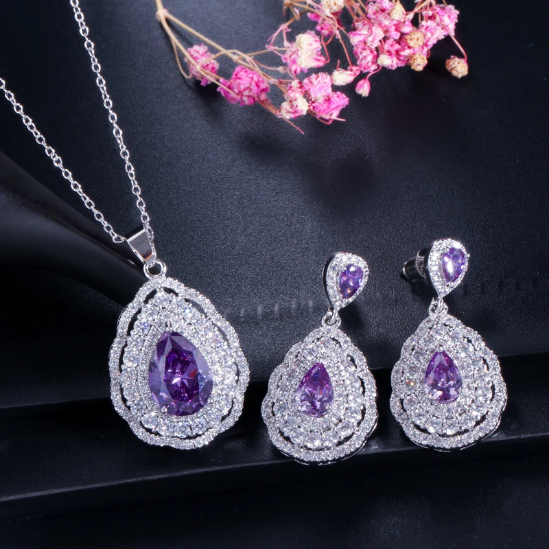 CWWZircons 3 layers Cubic Zirconia Paved Big Water Drop Dark Blue Earrings Necklace Ring Engagement Jewelry Set for Women T283