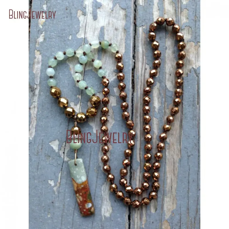 Rustic Agates Pendant Bronze Hematite Faceted  and Aventurine Beads Stone Necklace Chrysoprase Bar  NM21491