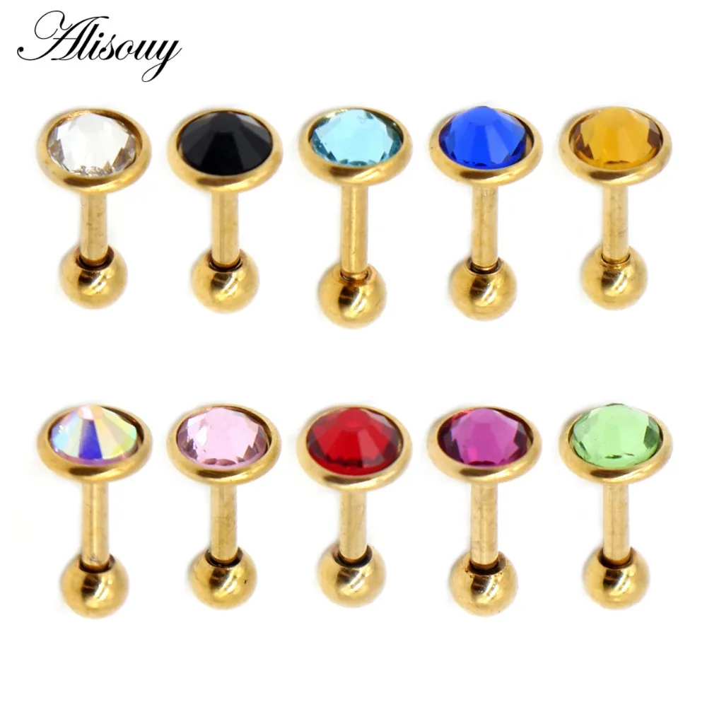 Alisouy 1pc Steel Stud Earring Tragus Cartilage Barbell With Zircon Fashion Ear Body Piercing Jewelry For Women 16 Gauge 1/4