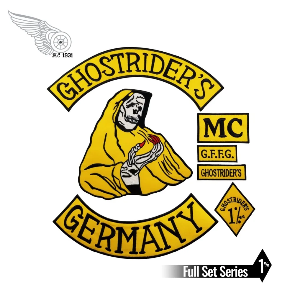 mc1931 7pcs/Set GHOSTRIDER'S GERMANY Embroidered Patch Iron-On Sew On Back Biker Rider Patch For Jacket Vest Free Shipping