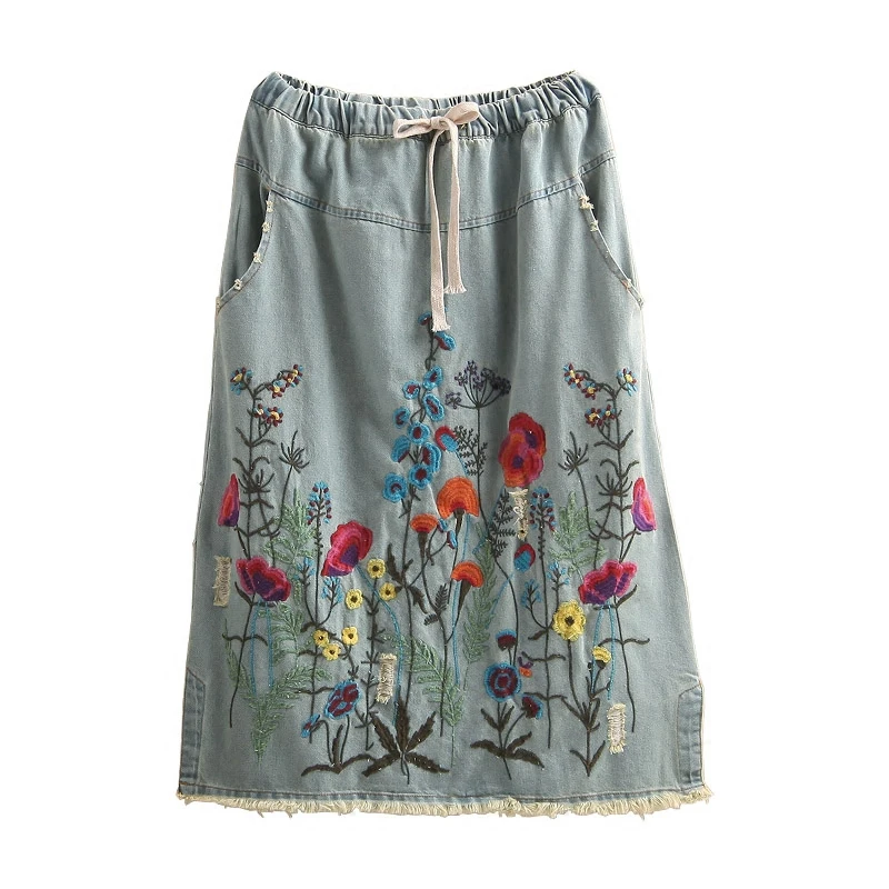 TIYIHAILEY – jupes longues mi-mollet en coton et Denim pour femmes, avec pompons, taille élastique, ligne a, trous brodés, nouvelle collection été printemps 2024