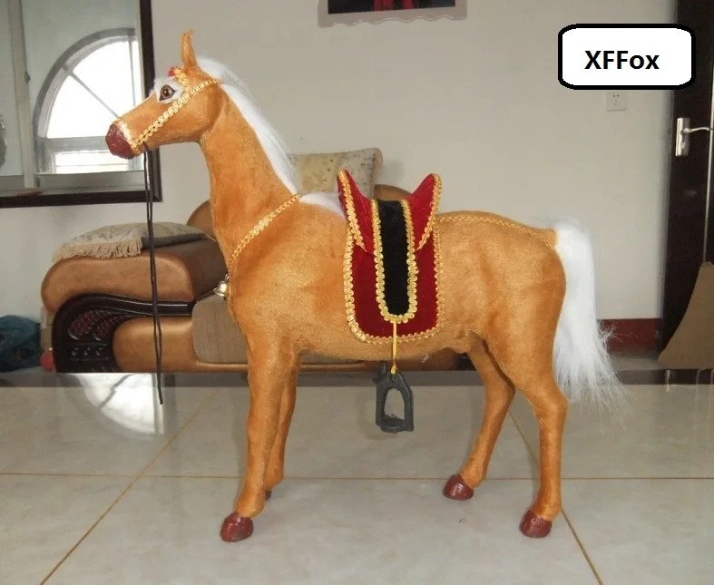 big real life standing horse model plastic&furs simulation yellow horse with saddle gift about 45x46cm xf1871