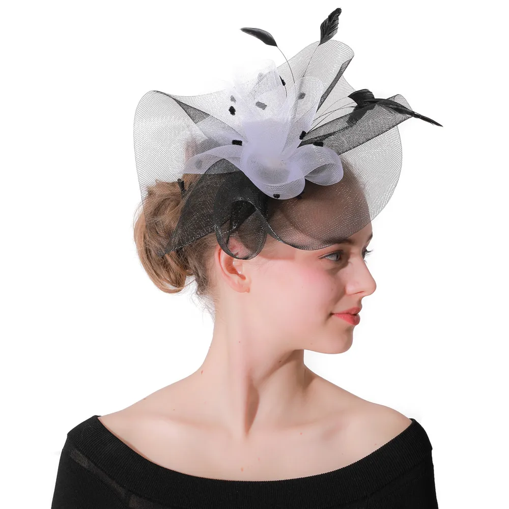 

Black Mesh Wedding Fascinators Women Royal Hats Elegant Ladies Hair Accessories Party Church Chapeau Feathers Floral Headwear