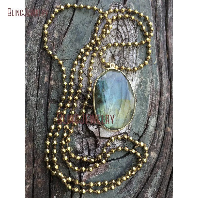 Bohemian Labradorite Pendant Large Oval  Necklace Hand Knotted Gold Hematite Beads  NM21514