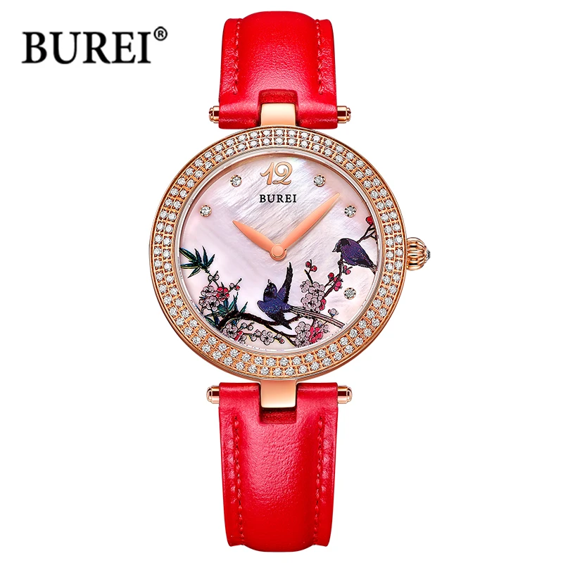 BUREI-Reloj de pulsera de cuero para Mujer, accesorio de lujo, resistente al agua, de cuarzo, informal