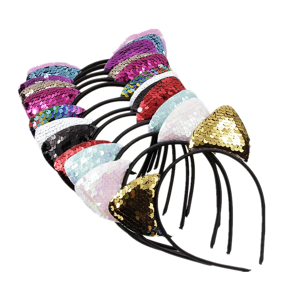 Fashion Glitter Flip Sequins Cat Ear Girl Hair Band Hair Hoop Baby Kids Women Cat Ear Hair Bands Festival Headdress Gifts