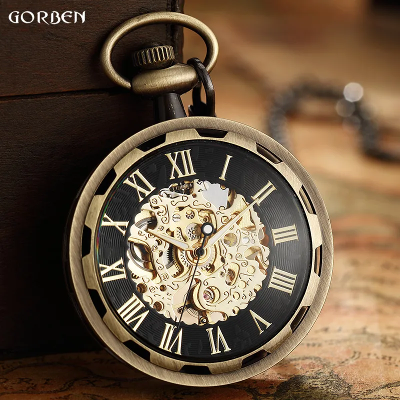 Relógio de bolso vintage, colar de esqueleto steampunk com corrente, com pingente de número romano, para homens e mulheres