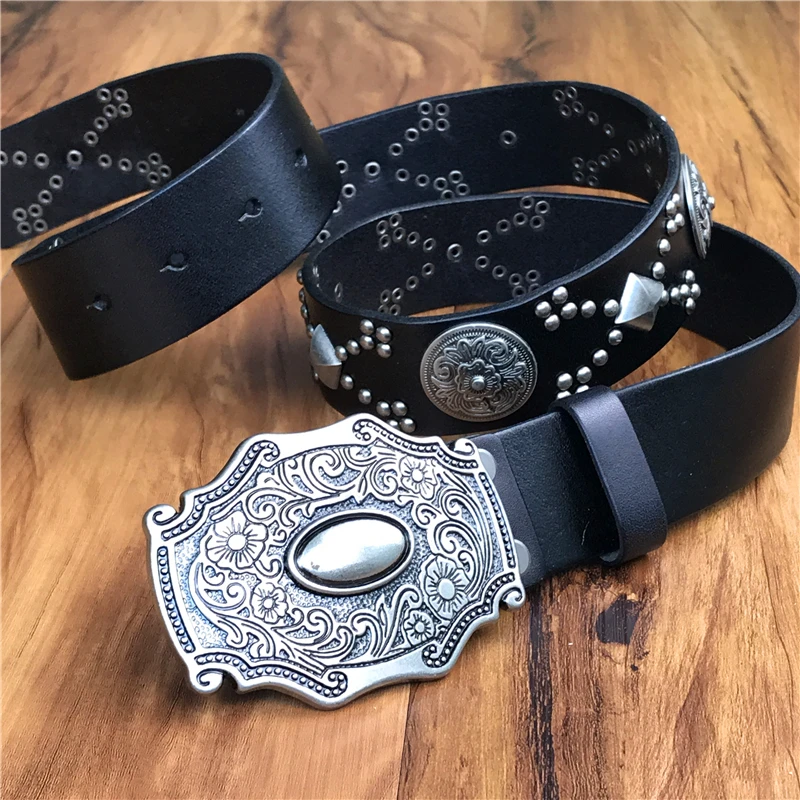 Genuine Leather Cowboy Belt Buckle Vintage Metal Rivet Punk White Belts For Men Punk Rock Jeans Belt Men Ceinture Homme MBT0171