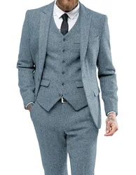 Men Suit Herringbon Casual Formal Three Piece Business Groomsmen Grey White Burgundy Lapel Tuxedos for Wedding Blazer+Pants+Vest