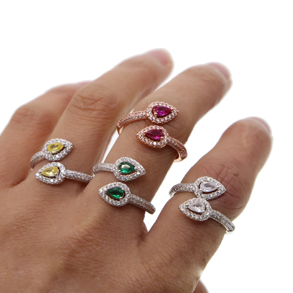 multicolored CZ drop rings silver color adjustable size ring for womens red green stones female little dainty opening ring