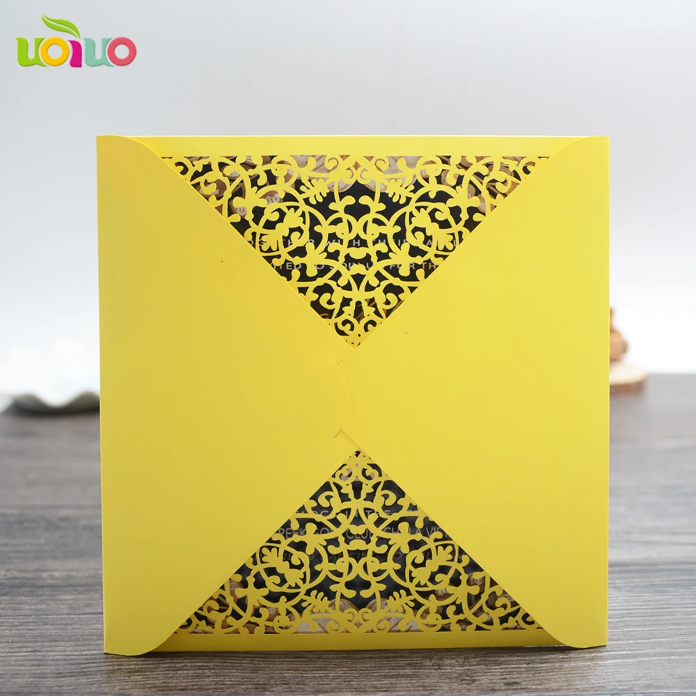 10pcs vintage yellow paper wedding invitation card envelop sample flower lace personalize indian wedding invitations cheap