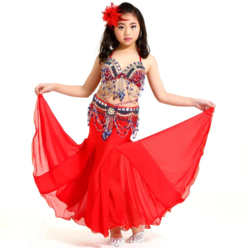 2018 New Children Belly Dance Clothes 3-piece Oriental Outfit Belly Dance Costume Set Competition Fishtai Skirts #865-1