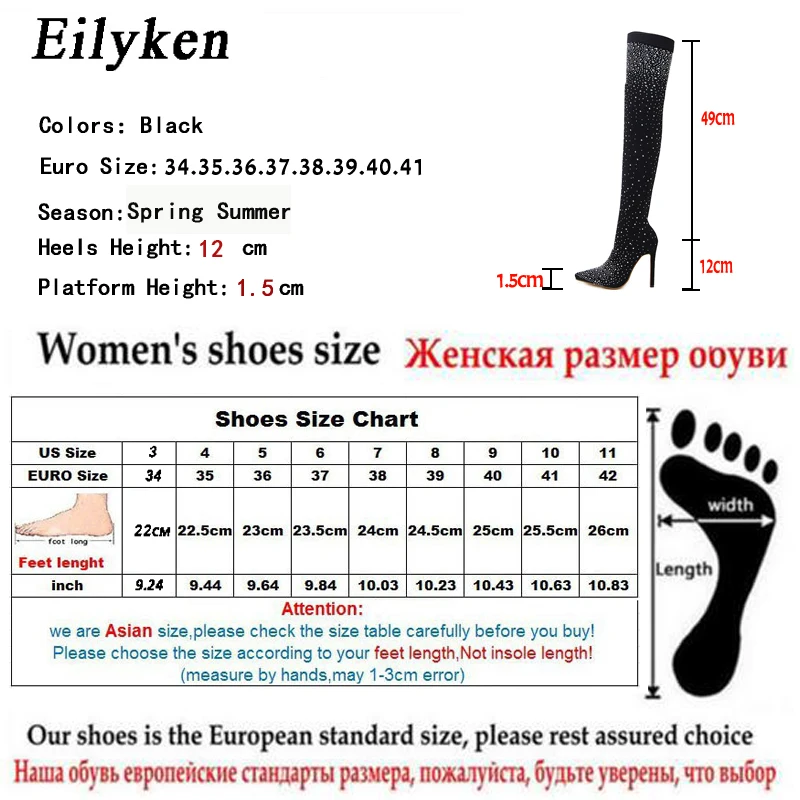 Eilyken Fashion Runway Crystal Stretch Fabric Sock Over-the-Knee Boot Thigh High Pointed Toe Woman Stiletto Heel Shoes