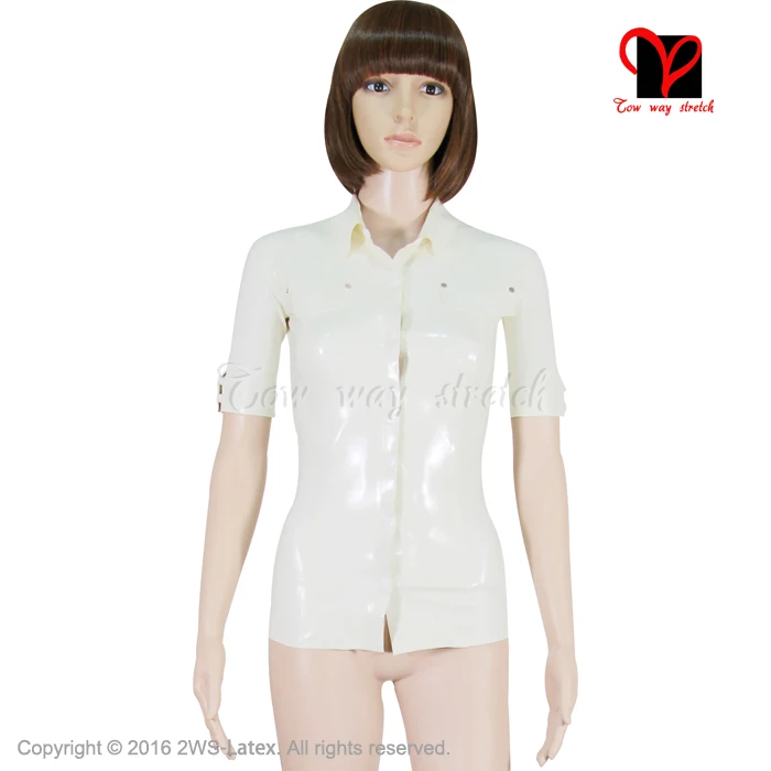 Sexy White Latex shirt Rubber Coat Catsuit jacket  Gummi Uniform Tee T Top short sleeve collar plus size XXXL SY-005