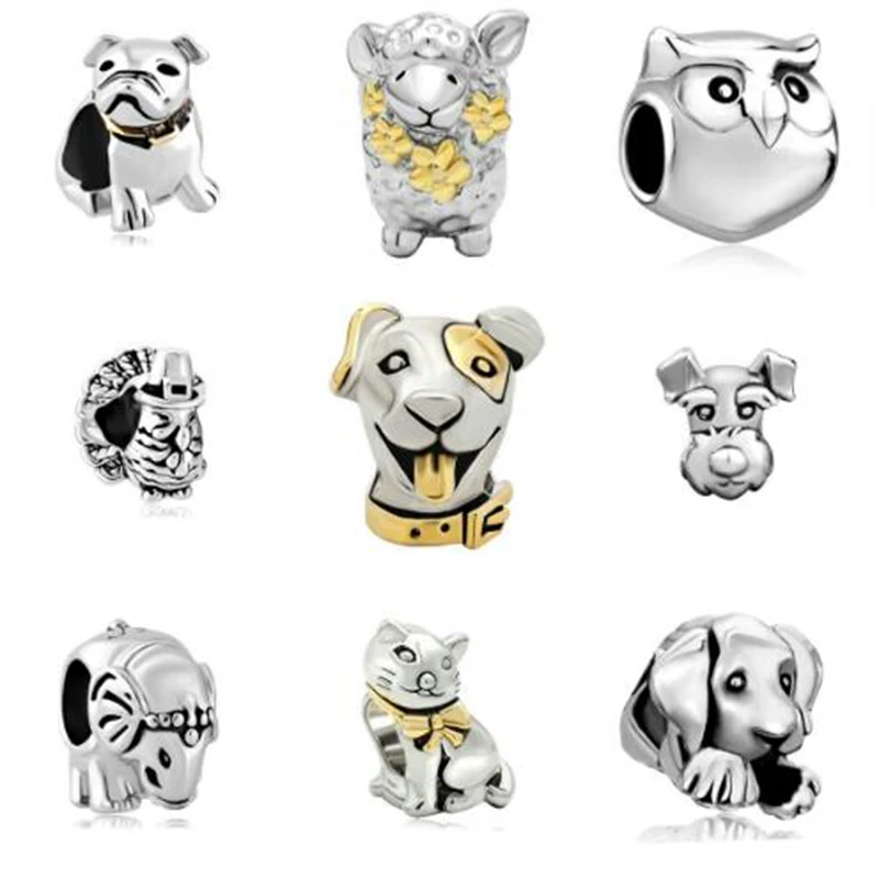 Dog Cat Owl Animal Charm Beads Fit Pandora  Charm Bracelet Female Genuine DIY Jewelry Making