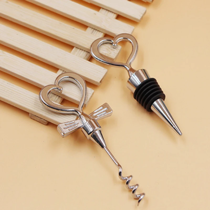 100 Sets Wine Bottle Opener Heart Shaped Combination Corkscrew Bottle Opener and Wine Stopper Sets Wedding Souvenirs