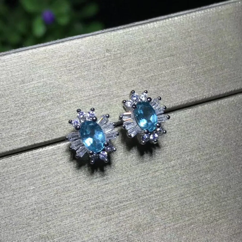 

Fashion natural blue topaz earrings Natural gem stone earrings bow-knot round 925 silver female wedding earrings jewelry