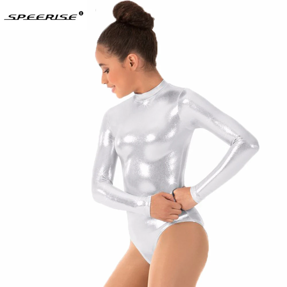 SPEERISE Girl's Long Sleeve Turtleneck Leotard Spandex Stretch Gymnastics Bodysuits for Toddler Leather CostumesDance wear