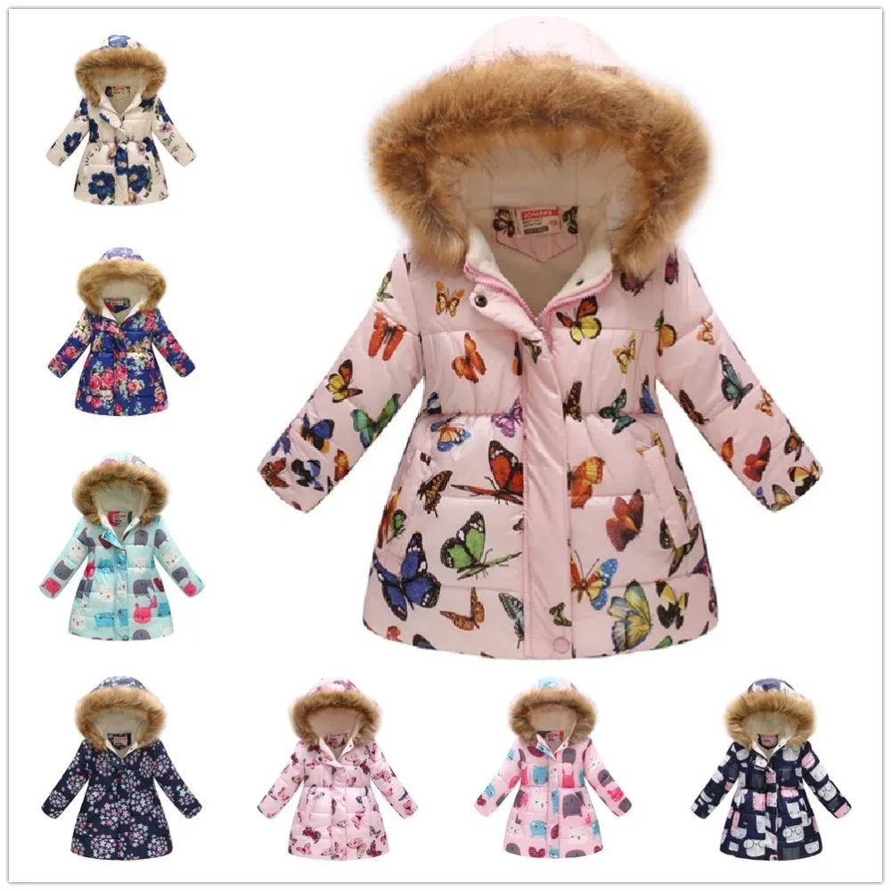 

Pink Butterfly Girls Winter Coat Fleece Children Outerwear Clothes Baby Girl Hooded Long Outfit Flower Kids Overcoat Windbreaker