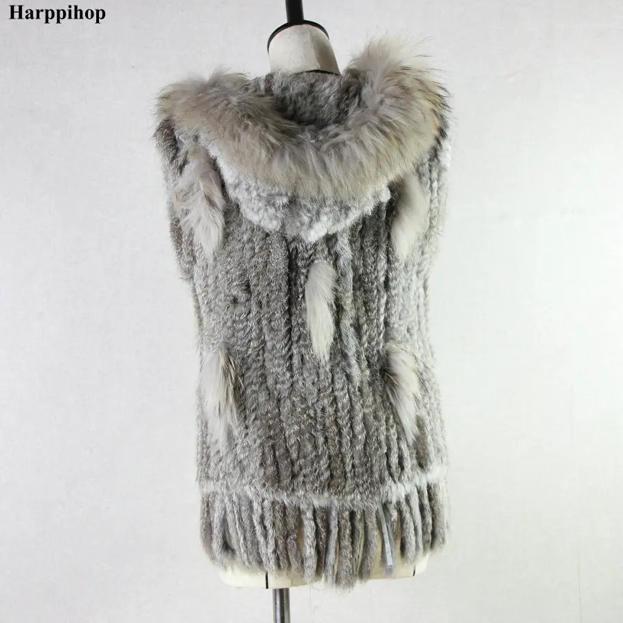 Real Fur Rabbit Fur vest with hat raccoon fur trimming knitted rabbit fur vest with hood fur waistcoat gilet  Fur Hat Brazil