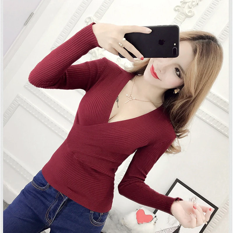 Spring 2023 Sexy Deep V-Neck Ladies Women\'s Pullover Casual Slim Bottoming Sweaters Female Elastic Cotton Long Sleeve Blue Tops