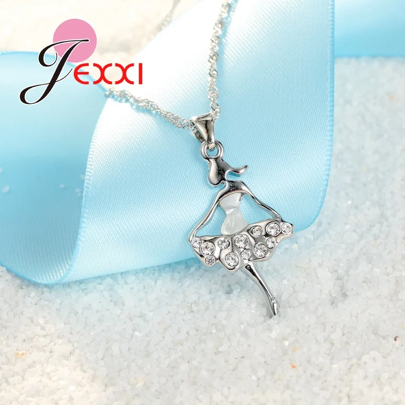 Ponytail Rhinestone Dress Ballet Girl Necklace Earrings Cute Doll Pendant Fashion Woman 925 Sterling Silver Color Jewelry Set