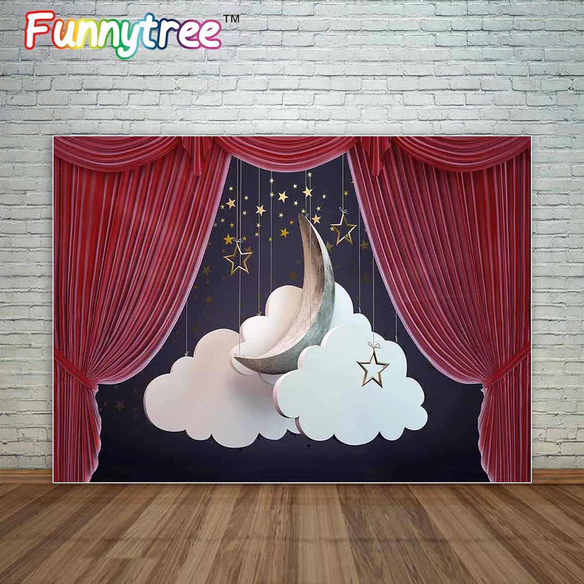 Allenjoy moon and clouds stage set behind an opening Theater red curtain for children photographic background studio funds