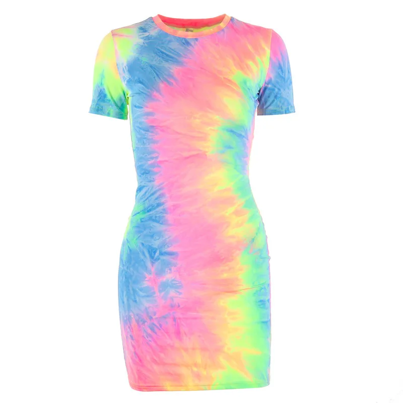 Regenboog Neon Tye Dye Sexy T-shirt Jurk Vrouwen Zomer Kleding 2019 Mode Korte Mouw Mini Bodycon Jurken