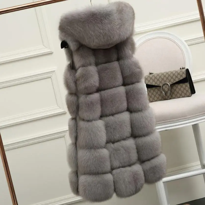 Fluffy Faux Fox Fur Vest Fake Fur Hooded Vest 2023 Winter Warm Women\'s patchwork Jacket Outerwear Female Long Waistcoats L1084