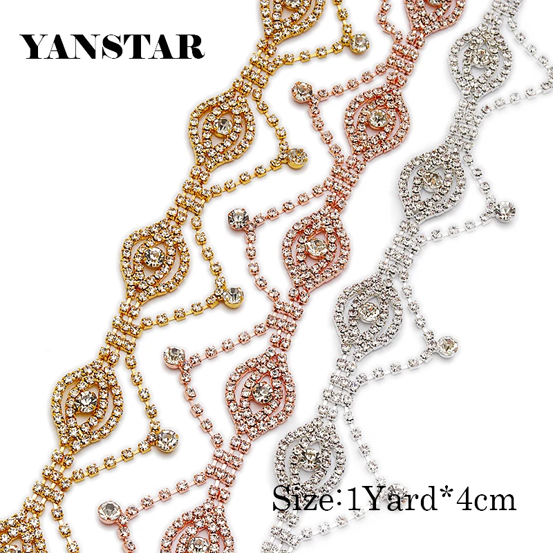 YANSTAR 5Yard Handmade Rosegold silver crystal Rhinestone Cupchain Hotfix For Wedding  Belt For Bridal Accessory YS969