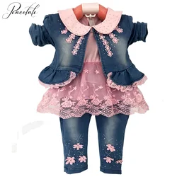 Lente Herfst Baby Peuter Meisje Denim Kleding Sets 3 stuks Lange Mouw T-shirt Tops Denim Jas en Jeans broek